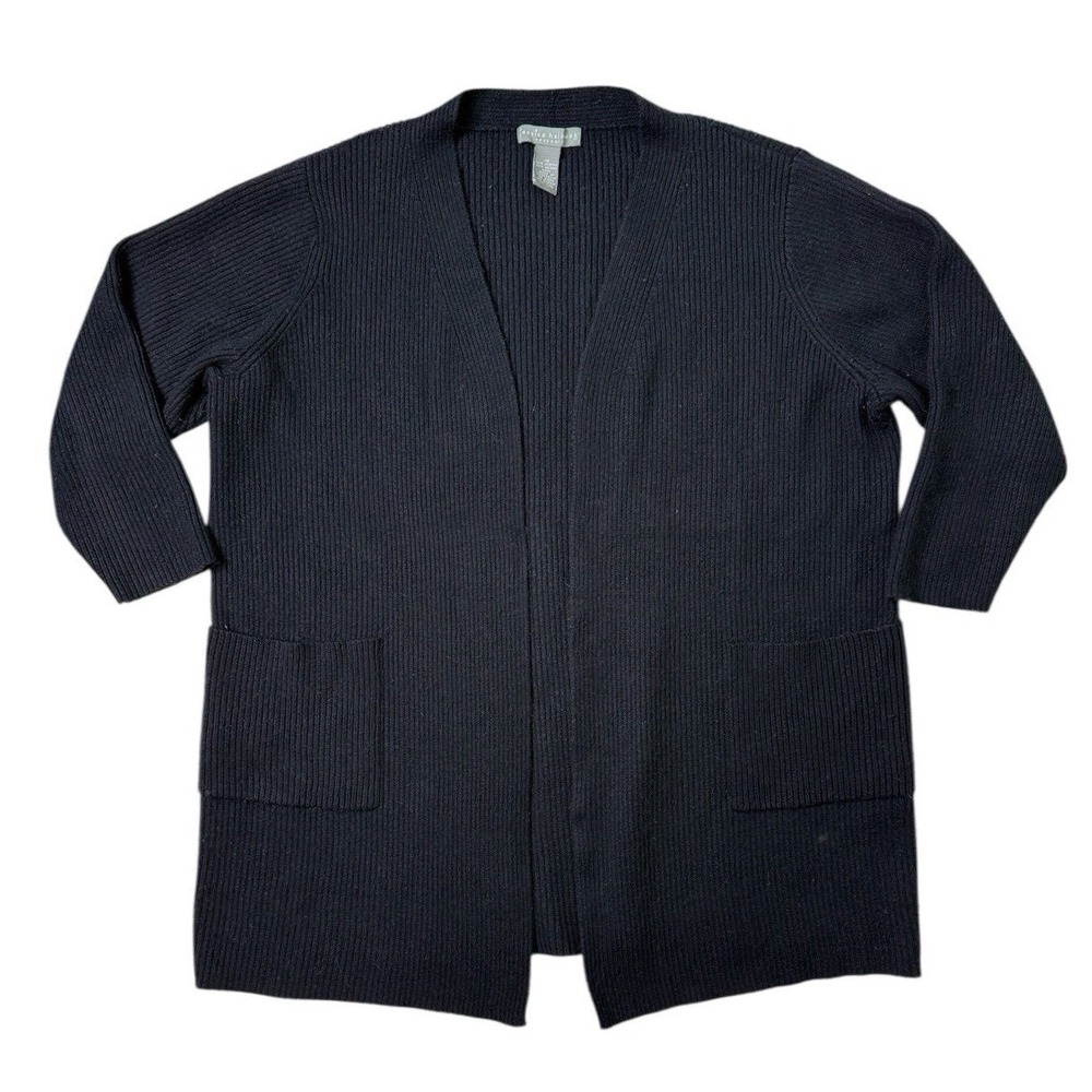 Jessica Holbrook Womens 1X Black Merino Wool Blend Ribbed Open Front Cardigan
